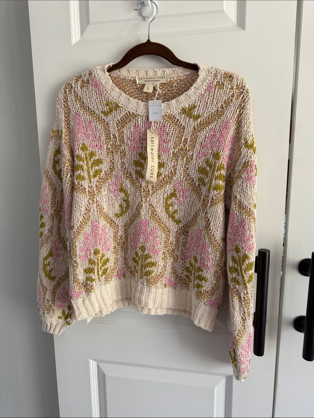 Anthro saltwater LUXE Cream Knit Crewneck Sweater with Pink & Olive Floral Motif - Picture 2 of 7